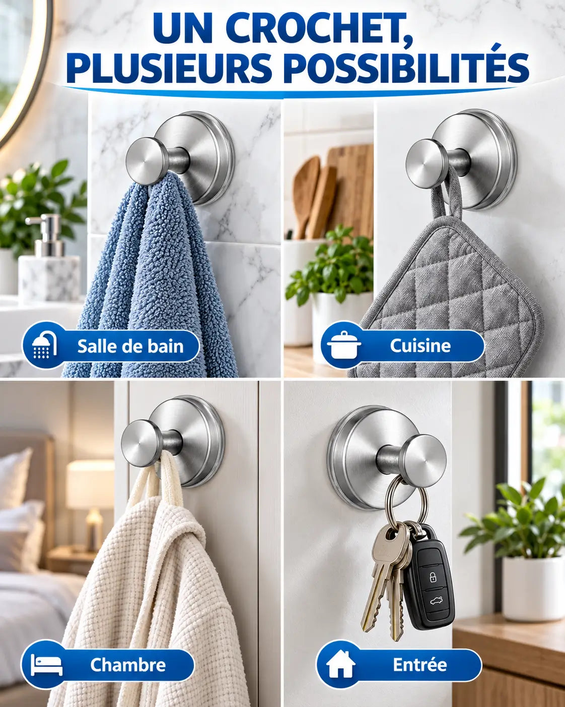 Pack de 4 – Crochets Ventouses Sans Perçage