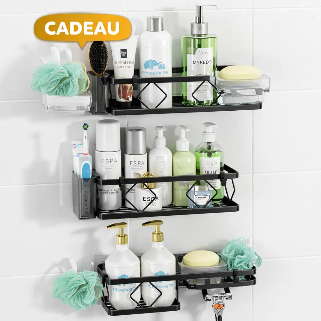 Pack 2 Étagères Murales de Douche Sans Perçage + Accessoires Offerts
